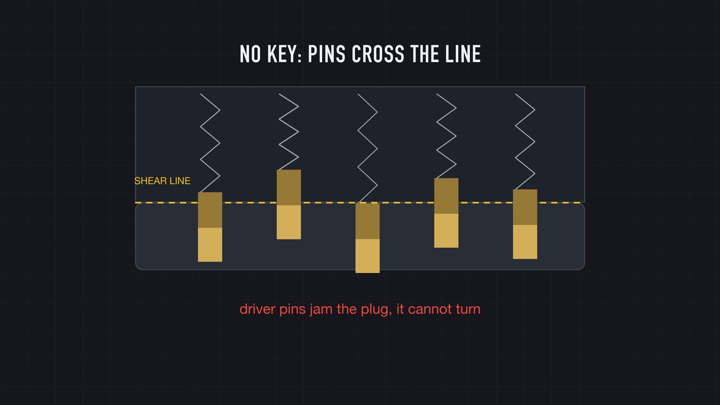 No key: the springs push every pin stack down across the shear line. Five stacks straddle the seam, and the plug is jammed.