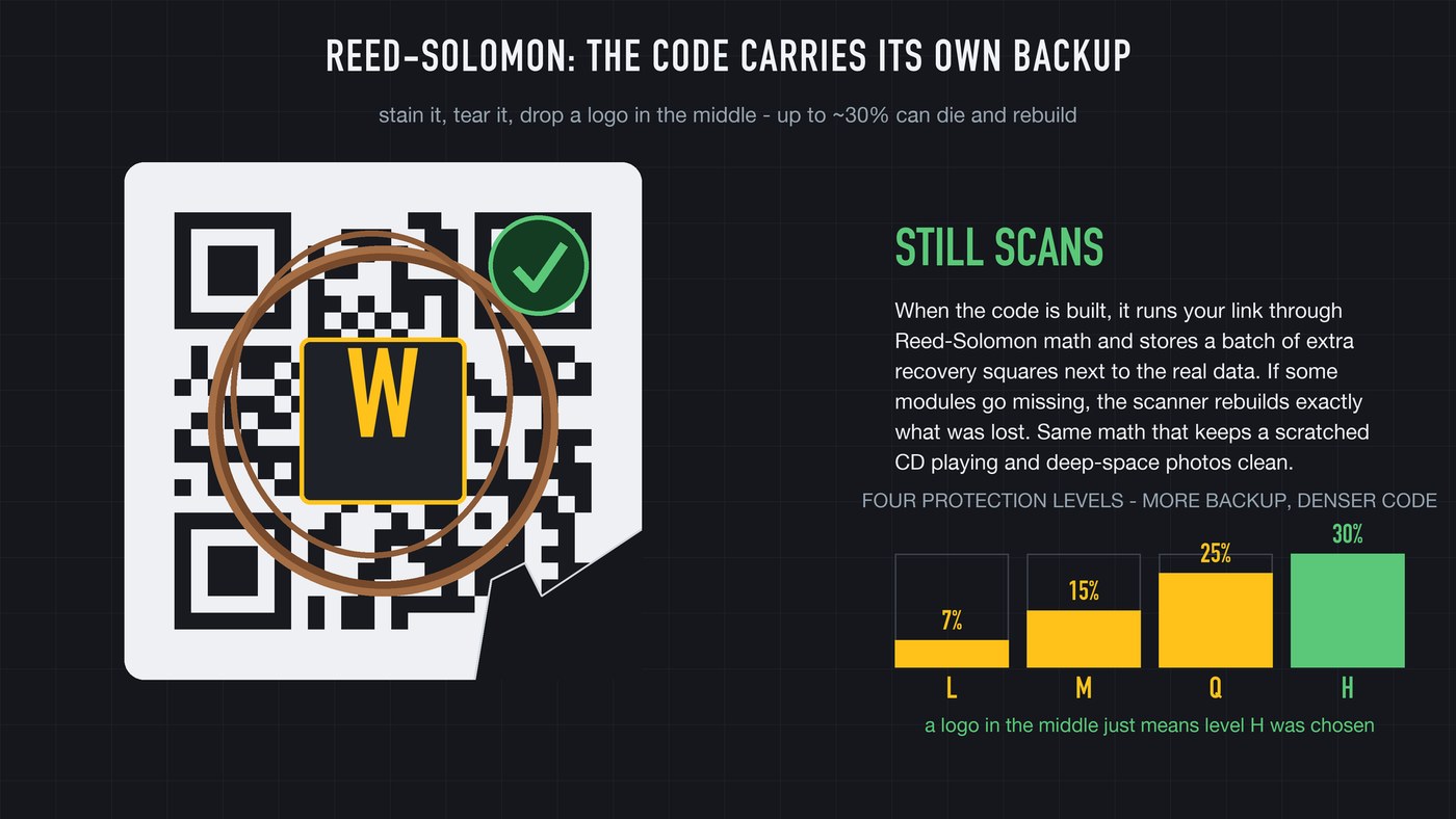 Reed-Solomon error correction: spare recovery modules rebuild whatever the stain, tear, or logo destroyed, up to about 30% of the code.